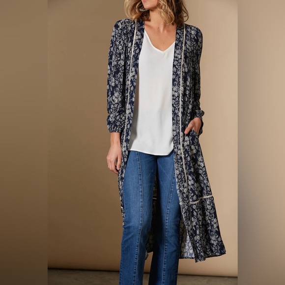 Blue Floral Longline Kimono Duster Jacket NWT - Picture 2 of 11